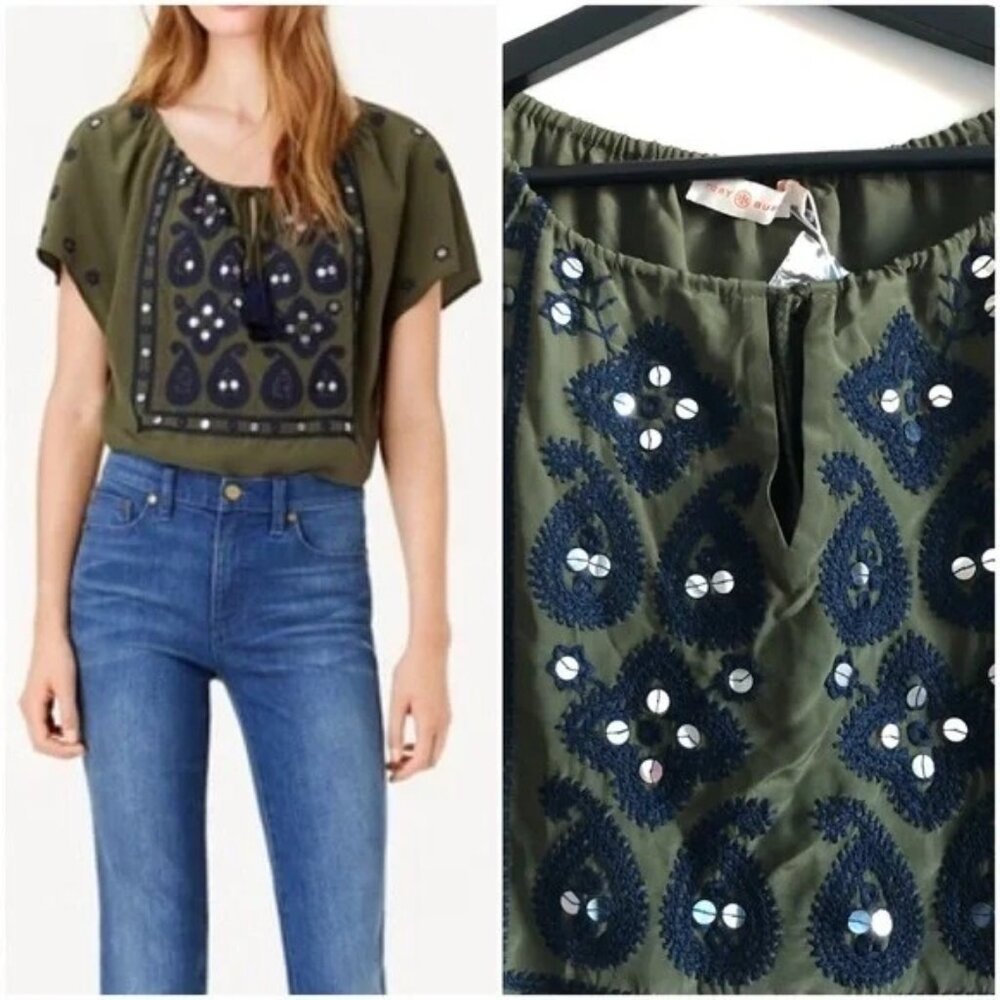TORY BURCH Silk Top with Sequins and Embroidery Size 6
